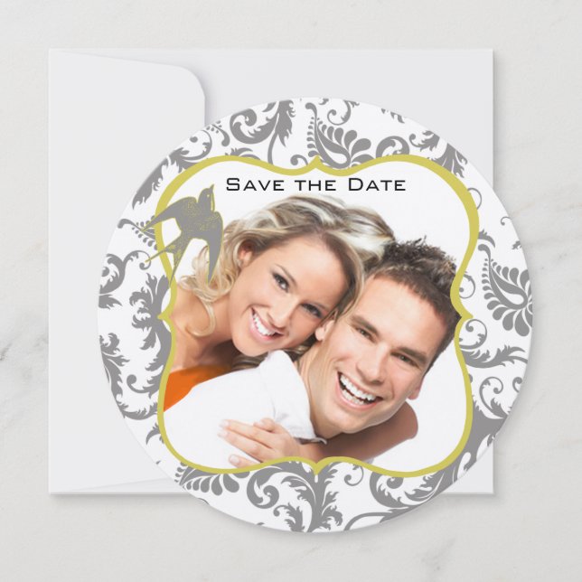 Invitación Amarillo y gris damasco de pájaro vintage (Anverso)