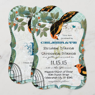 Invitación Amarillo y negro Tangerino Art Decó Aves inspirada