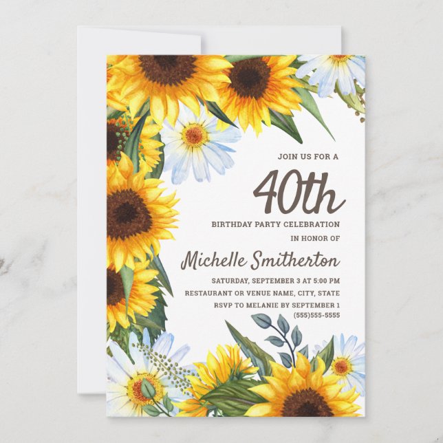 Invitación Amarillos girasoles White Daisies 40 cumpleaños (Anverso)