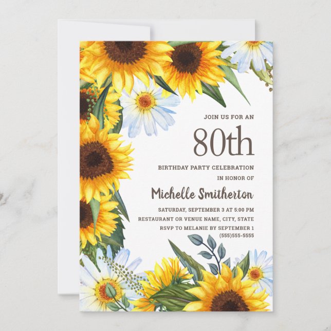 Invitación Amarillos girasoles White Daisies Cumpleaños 80 (Anverso)