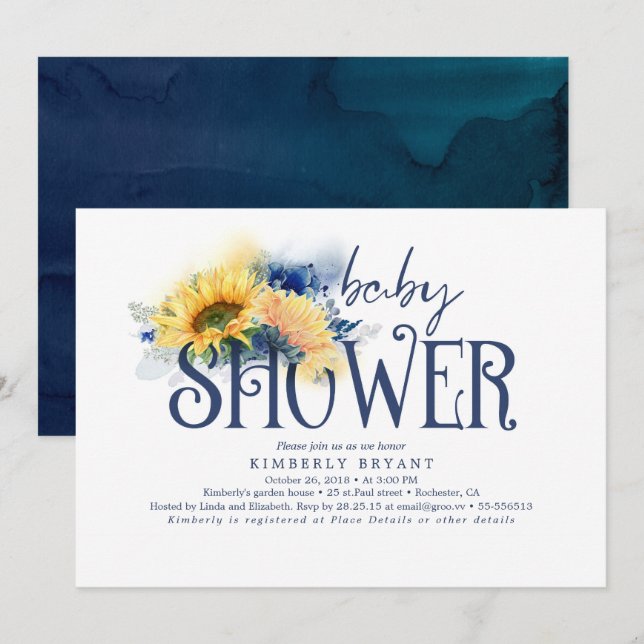 Invitación Amarillos Sunflower Elegante Marina Azul Baby Show (Anverso / Reverso)