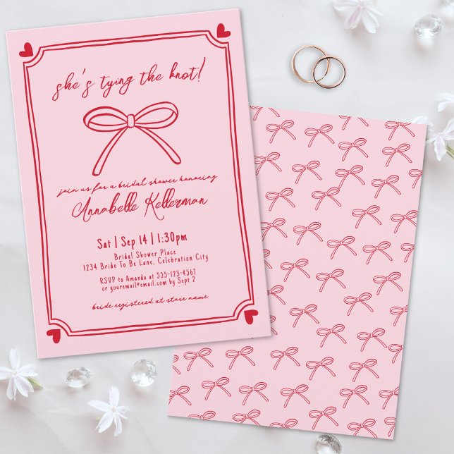Invitación Amarra La Mano Rosa De Knot Drena La Ducha Bridal (Tying The Knot Pink Hand Drawn Bow Bridal Shower Invitation )