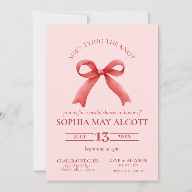 Invitación Amarrando a la coqueta de Knot Girly Bow Bridal Sh (Anverso)