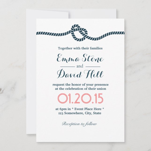 Invitación Amarre náutico al elegante Boda Minimalista Knot (Anverso)