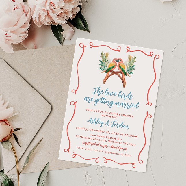 Invitación Amarres alegres y coloridas, duchas de parejas (Whimsical Love Birds Couples Shower Invitation Modern Colorful, Love Birds Bridal Couples Shower )
