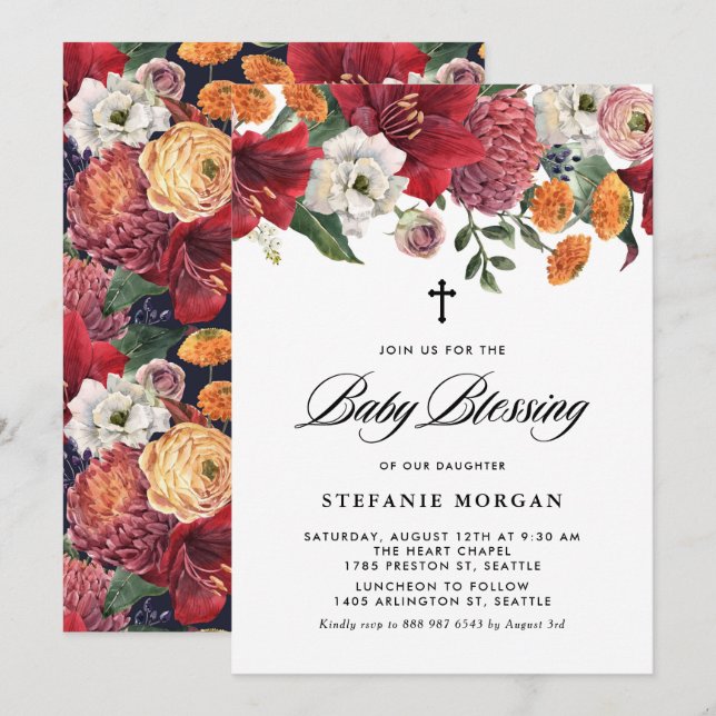 Invitación Amaryllis y Mamáes Bendición Botánica del Bebé (Anverso / Reverso)