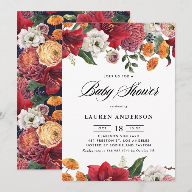 Invitación Amaryllis y Mamáes Botánica Baby Shower (Anverso / Reverso)