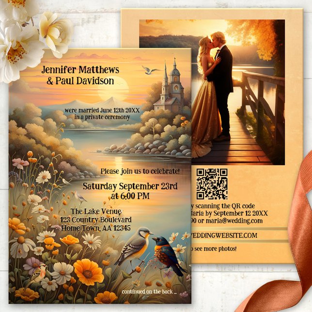 Invitación Amas amorosas del lago encantadas Recepción de bod (Wedding reception invitation showing a painting of an enchanted lake with love birds at sunset)