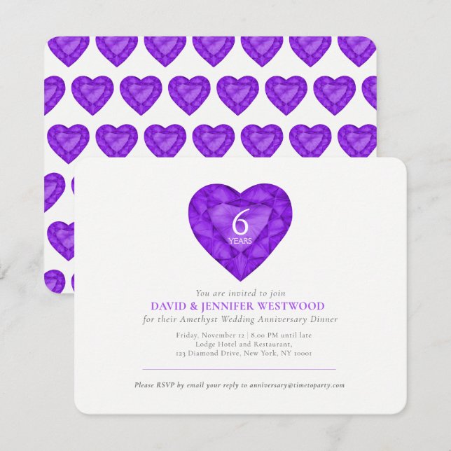 Invitación Amatista 6º aniversario gema púrpura corazón acuar (Anverso / Reverso)