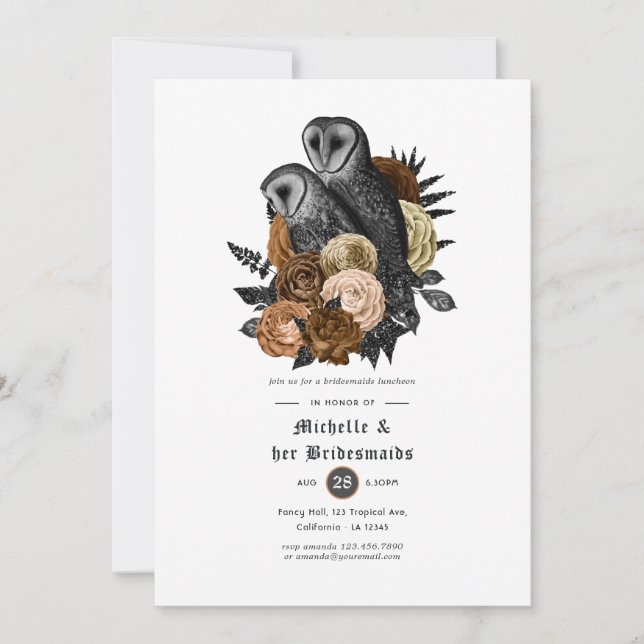 Invitación Amber Floral Owls Gótica Bridesmaids Luncheon (Anverso)