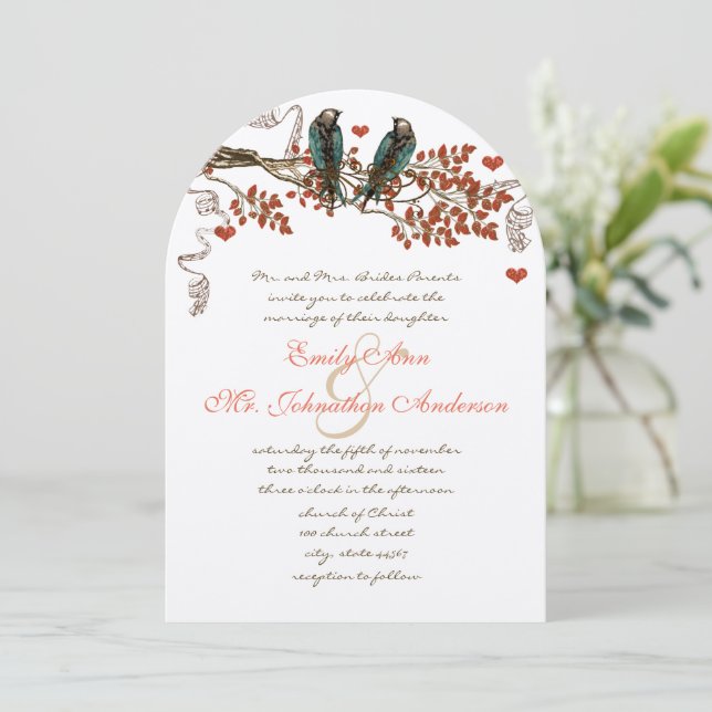 Invitación Amber Glow Fall Leaf Love Bird Boda (Anverso de pie)