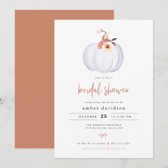 Invitación AMBER Moderno Rustic White Pumpkin Bridal Shower (Anverso / Reverso)