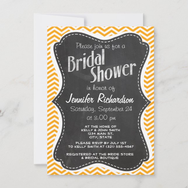 Invitación Amber Naranja Chevron; apariencia de pizarra de co (Anverso)