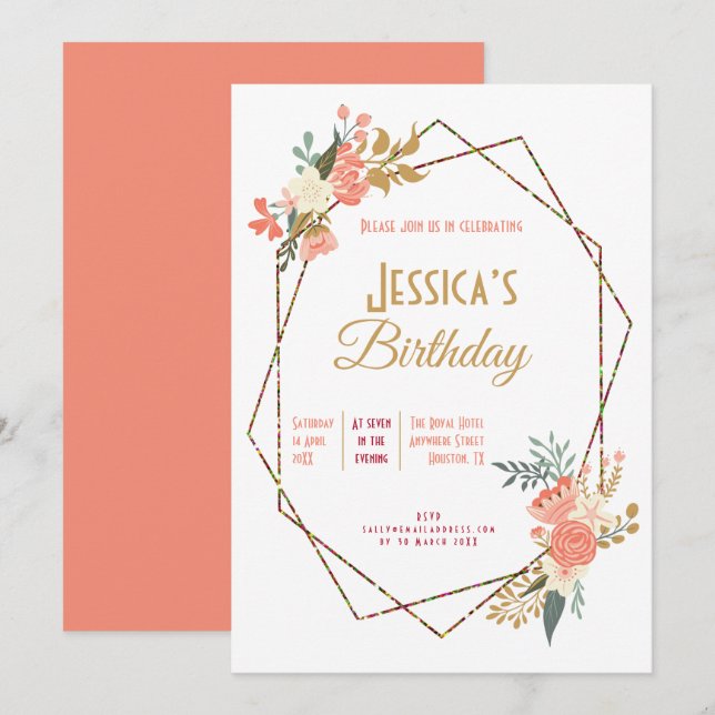 Invitación Ambrose Coral Floral Geométrica Femenina Cumpleaño (Anverso / Reverso)