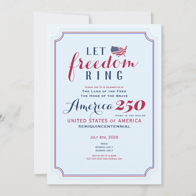 Invitación America 250 Years USA Anniversary Let Freedom Ring (Anverso)