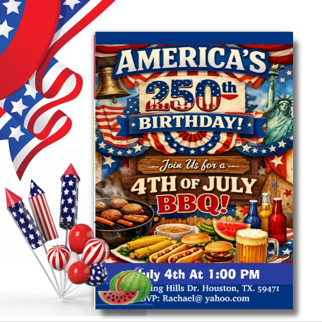 Invitación America’s 250th Birthday Patriotic BBQ Invitation  (Subido por el creador)