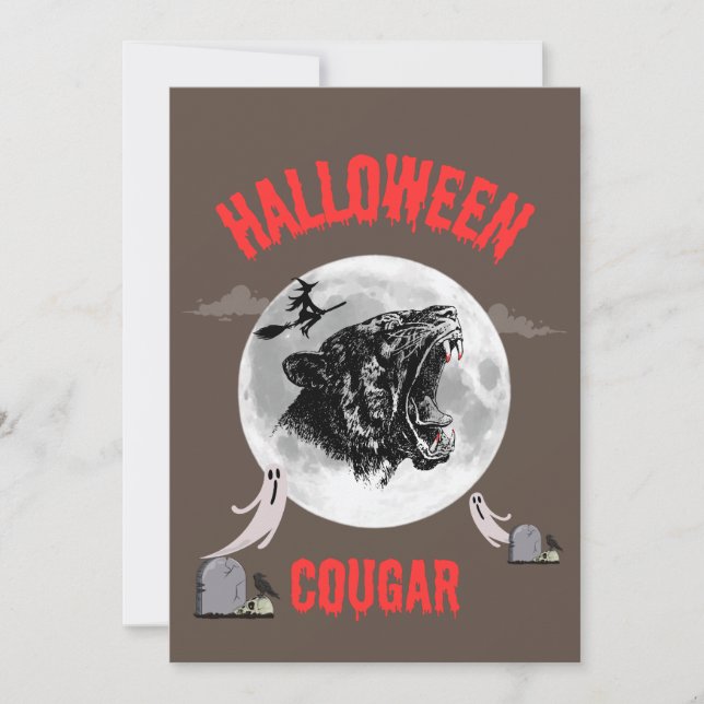 Invitación american cougar on halloween night with crows (Anverso)
