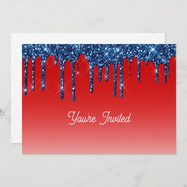 Invitación Americana Red Blue Glitter Drip Birthday (Anverso / Reverso)