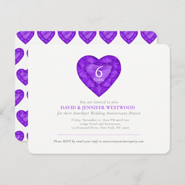 Invitación Amethyst 6º boda gema púrpura corazón acuarela (Anverso / Reverso)