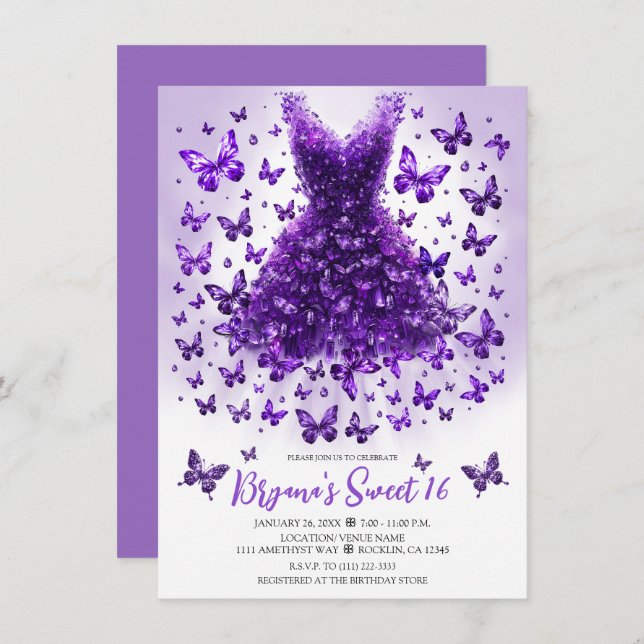 Invitación Amethyst Butterfly Vestido Febrero Birthstone (Anverso / Reverso)