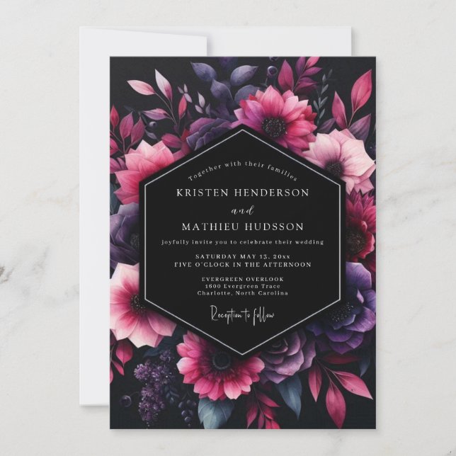 Invitación Amethyst Floral Noir Wedding (Anverso)