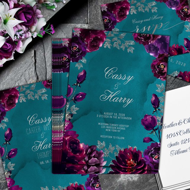 Invitación Amethyst Garnet Verde azulada Jewel Tone Boda (Amethyst Garnet Teal Jewel Tone Wedding Invitation in deep purple amethyst and garnet burgundy red)