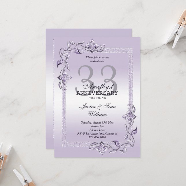 Invitación Amethyst Gem & Glitter 33º Aniversario de Bodas En (Anverso/Reverso In Situ)