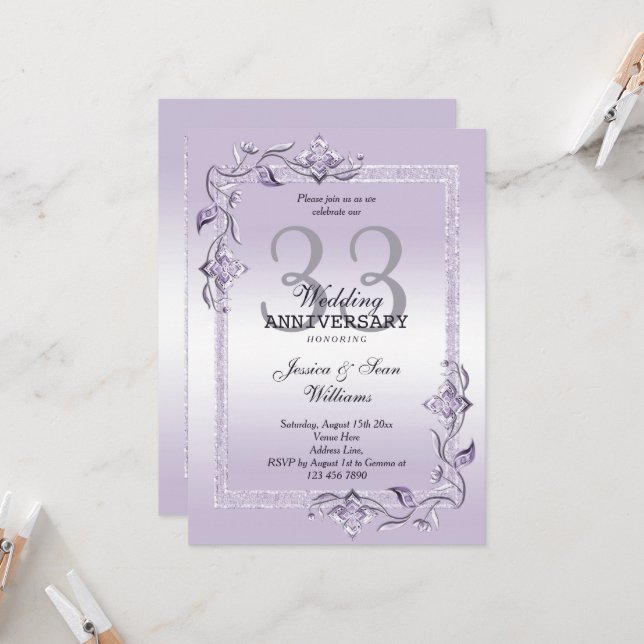 Invitación Amethyst Gem y Purpurina 33° Aniversario Boda (Anverso/Reverso In Situ)