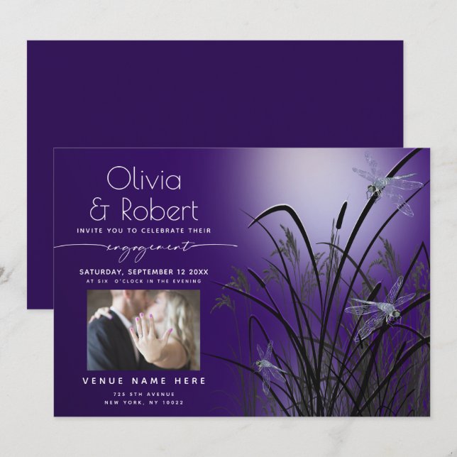 Invitación Amethyst Glow Engagement Moonlight Dragonfly (Anverso / Reverso)