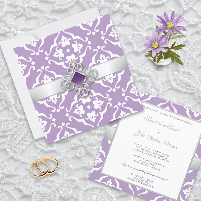 Invitación Amethyst Lily Damask Floral Wedding (Subido por el creador)
