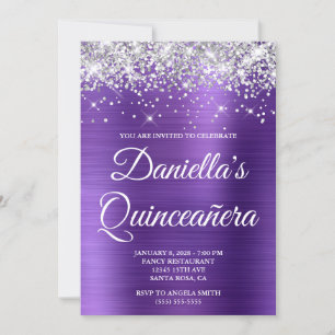 Invitación Amethyst Plata Brillo Foil Quinceañera