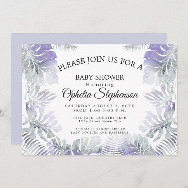 Invitación Amethyst Plum Verde azulada ducha de acuarela botá (Anverso / Reverso)