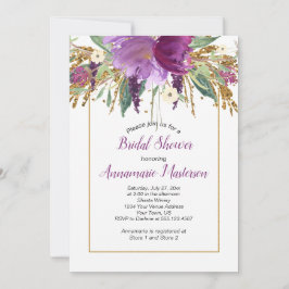 Invitación Amethyst Purple Gold Purpurina Floral Bridal Showe