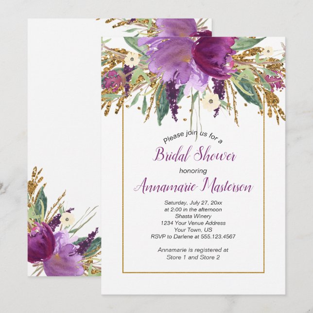 Invitación Amethyst Purple Gold Purpurina Floral Bridal Showe (Anverso / Reverso)