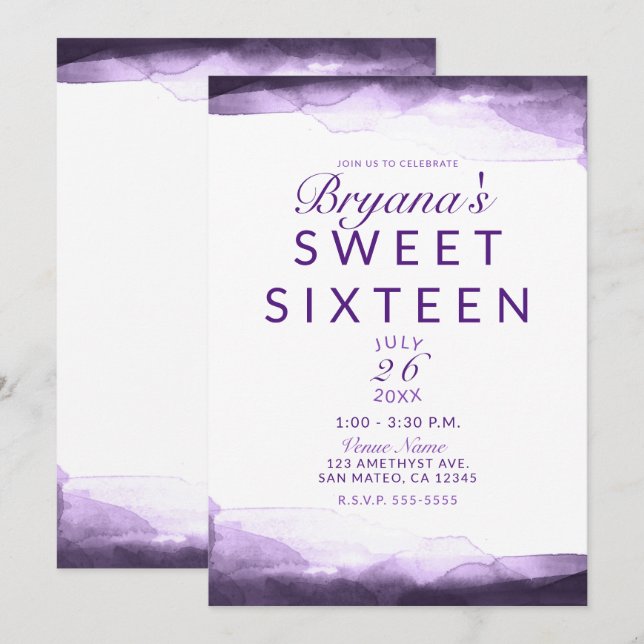 Invitación Amethyst Purple Plum Moda moderna Dulce 16 Fiesta (Anverso / Reverso)