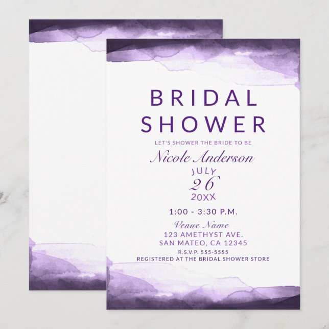 Invitación Amethyst Purple Plum Watercolor Bridal Shower (Anverso / Reverso)