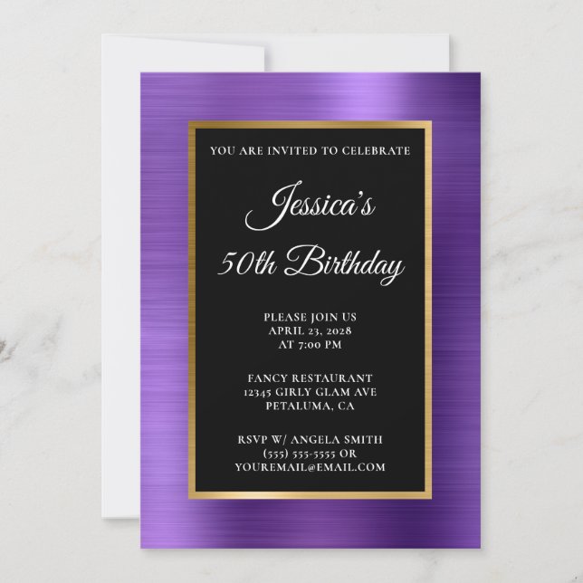 Invitación Amethyst Purple Relieve metalizado dorado Negro 50 (Anverso)