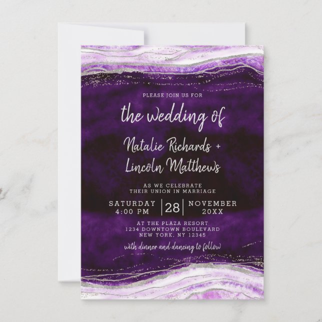 Invitación Amethyst Purple & Silver Geode Agode Rock Boda (Anverso)