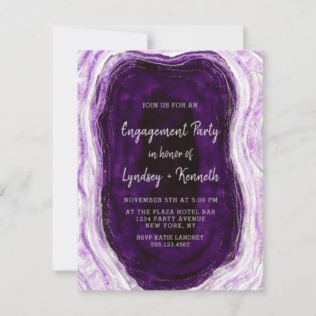 Invitación Amethyst Purple & Silver Geode Engagement Party (Anverso)