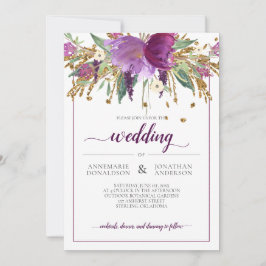 Invitación Ametismo morado y Boda con marcos florales dorados