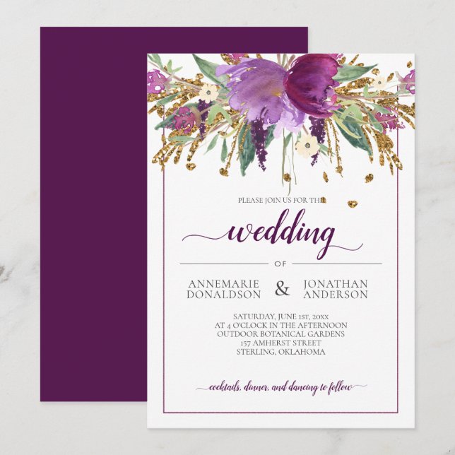 Invitación Ametismo morado y Boda con marcos florales dorados (Anverso / Reverso)