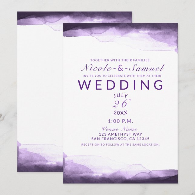 Invitación Ametist Purple Plum Watercolor Boda moderno (Anverso / Reverso)
