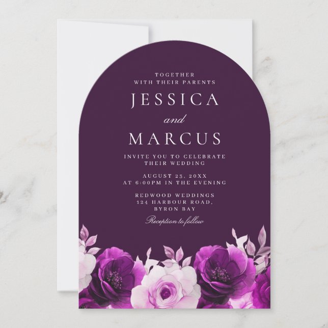 Invitación Ametista e índigo morado, Boda de arco de Lilac (Anverso)