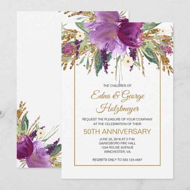 Invitación Ametista morado y aniversario de Boda 50 de oro (Anverso / Reverso)