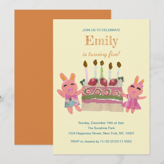 Invitación Amigas conejitas dulces| Cumpleaños niños amarillo (Anverso / Reverso)