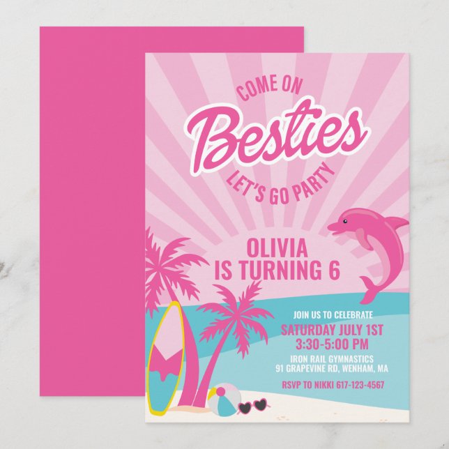 Invitación Amigas cumpleaños playa malibu rosa (Anverso / Reverso)