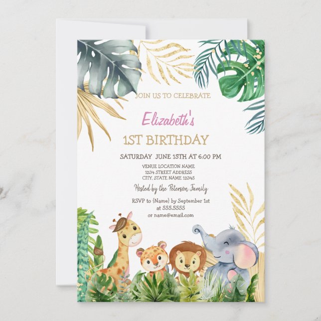 Invitación Amigo Animales Salvajes Tropical Cumpleaños 1er. (Anverso)