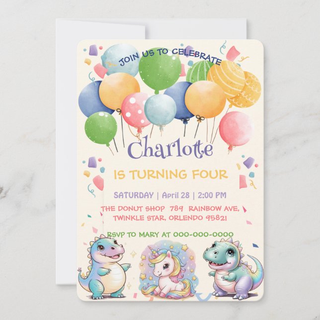 Invitación Amigo del arco iris de los dinosaurios del unicorn (Anverso)