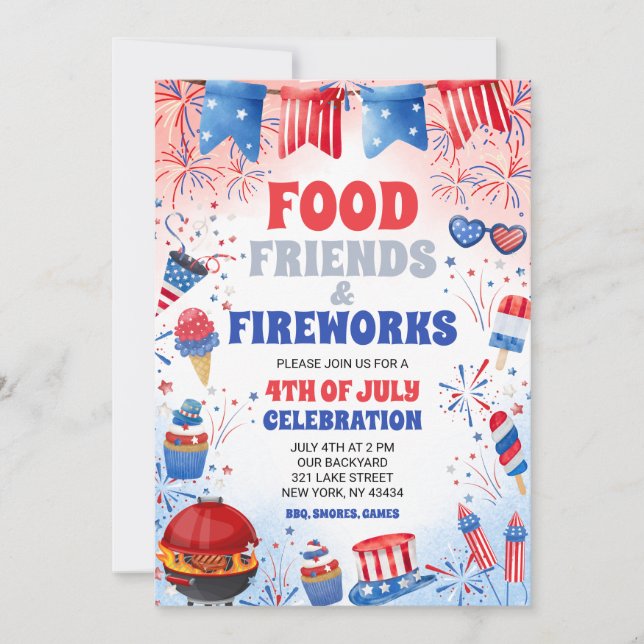 Invitación Amigos Comida y Fuegos Artificiales Fiesta del 4 d (Anverso)
