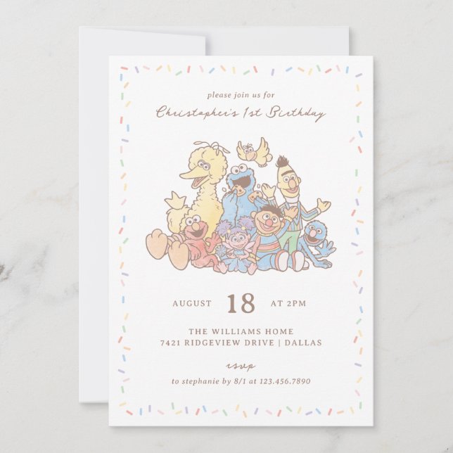 Invitación Amigos de la Calle Sésamo Cumpleaños con Confeti d (Anverso)
